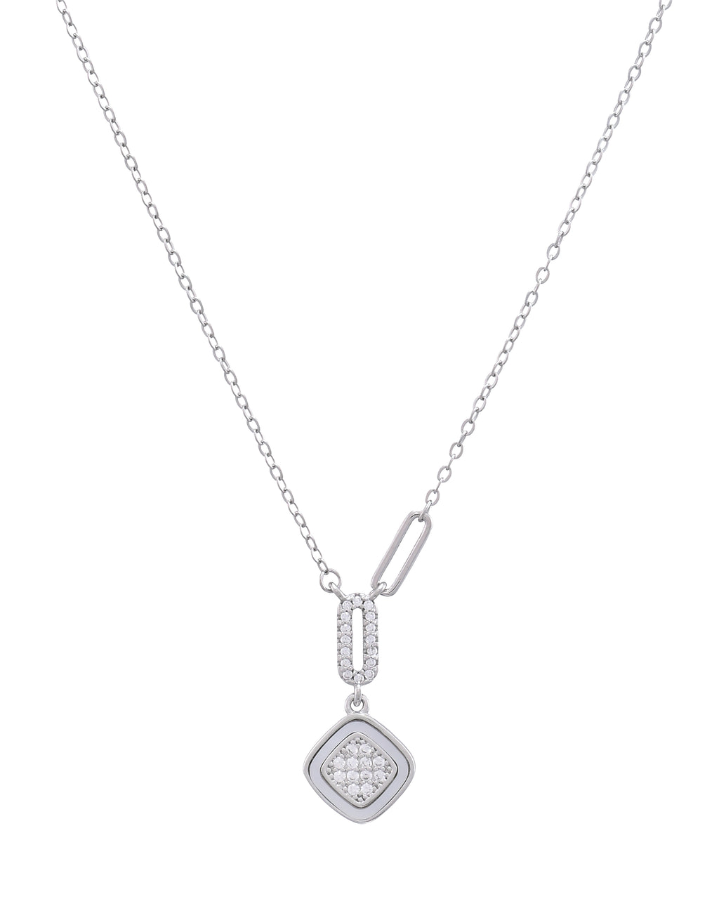 Silver Pave Link Square Necklace