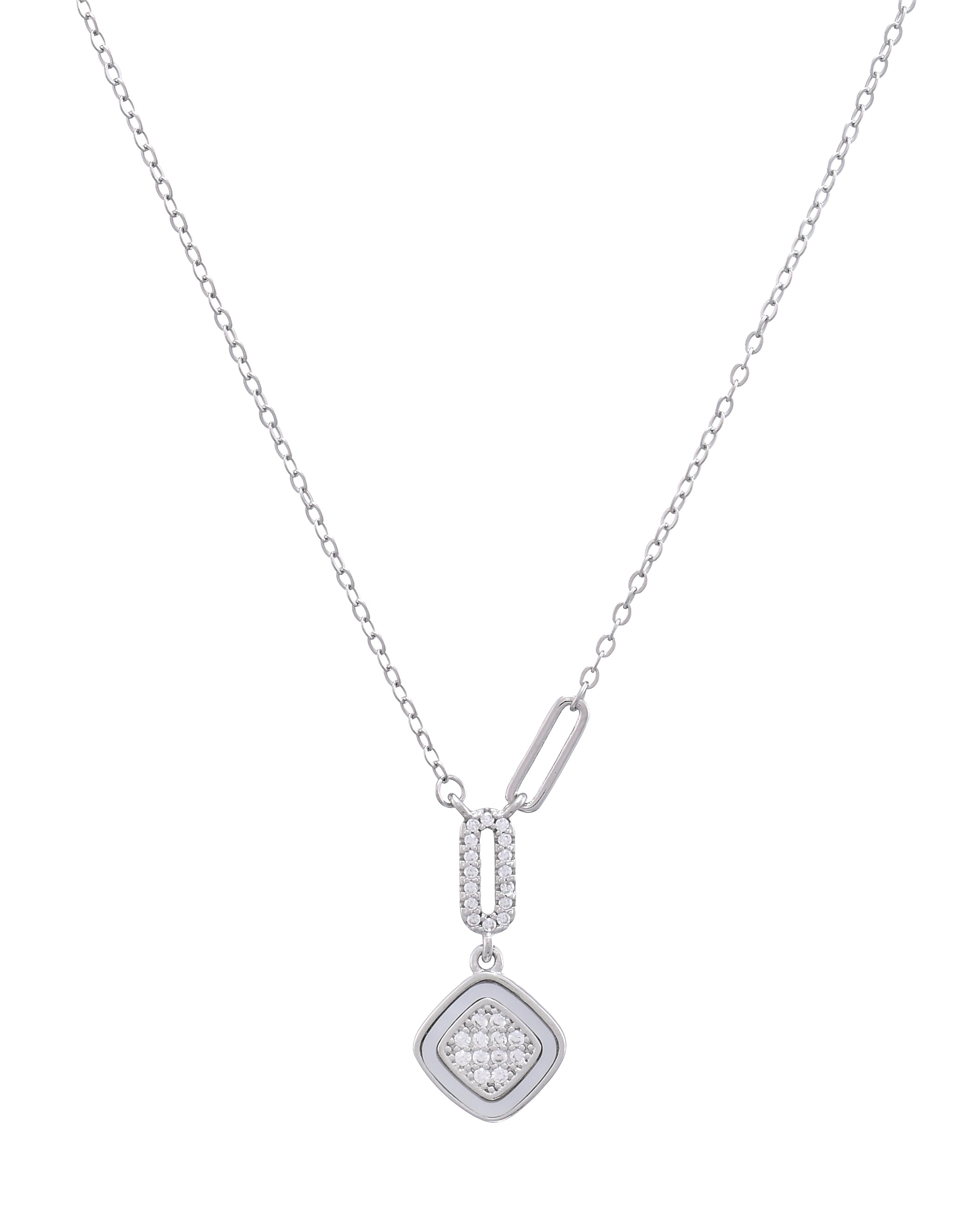 Silver Pave Link Square Necklace