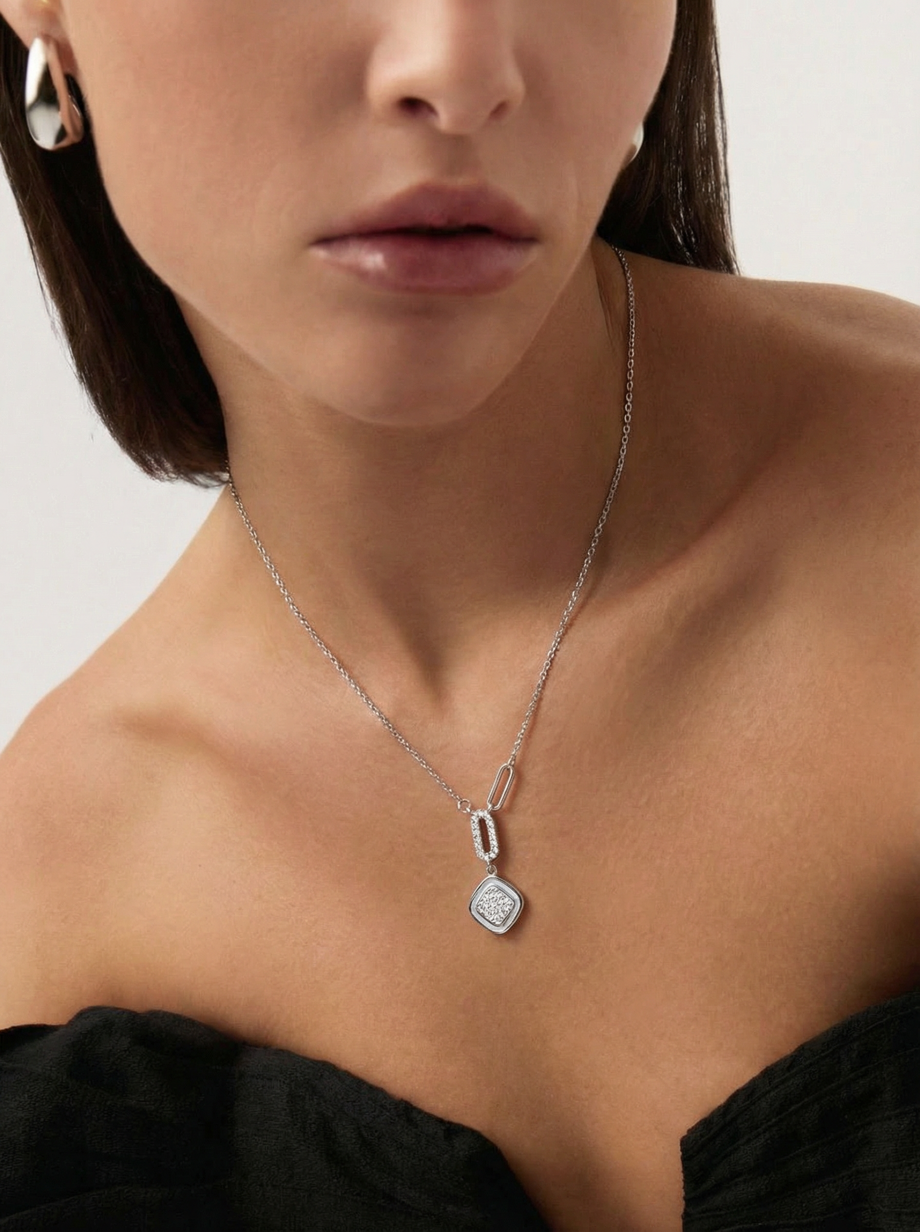 Silver Pave Link Square Necklace