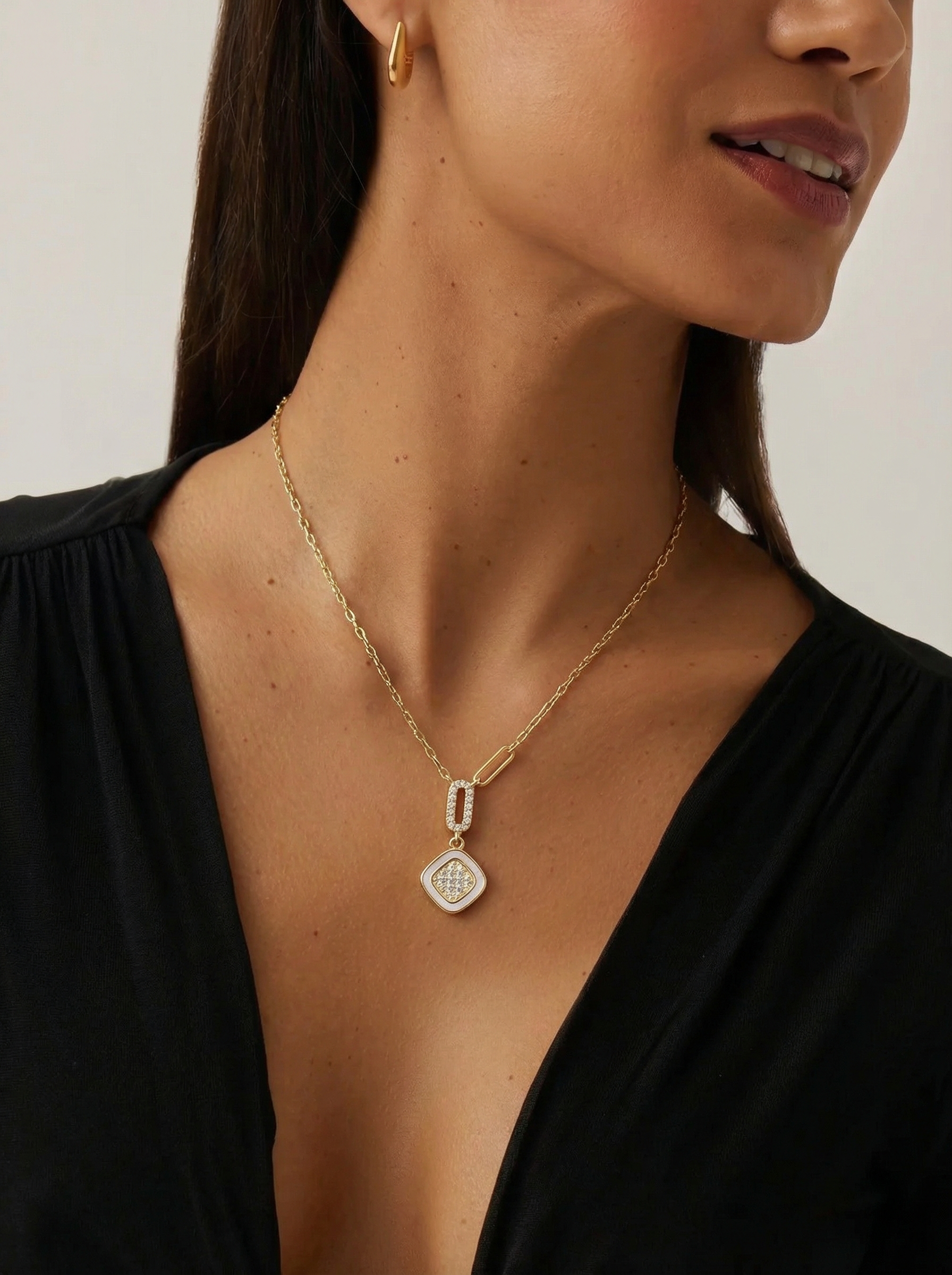 Gold Pave Link Square Necklace